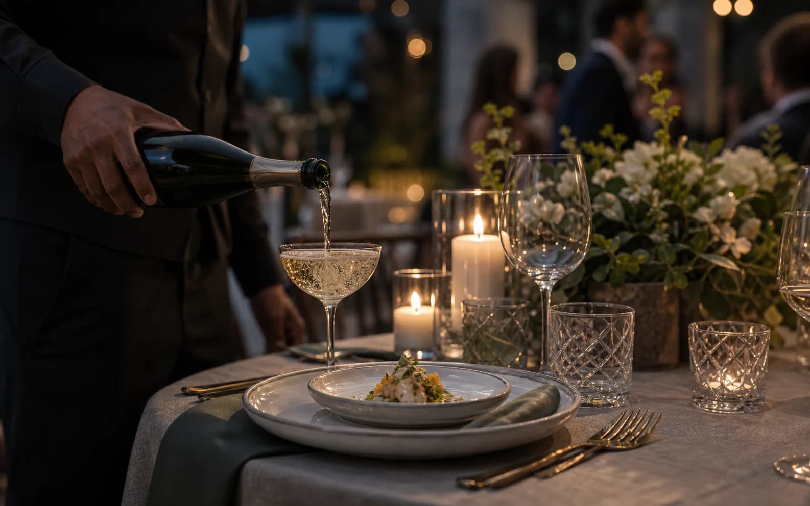 Servicio de vino espumoso junto a velas durante una cena
