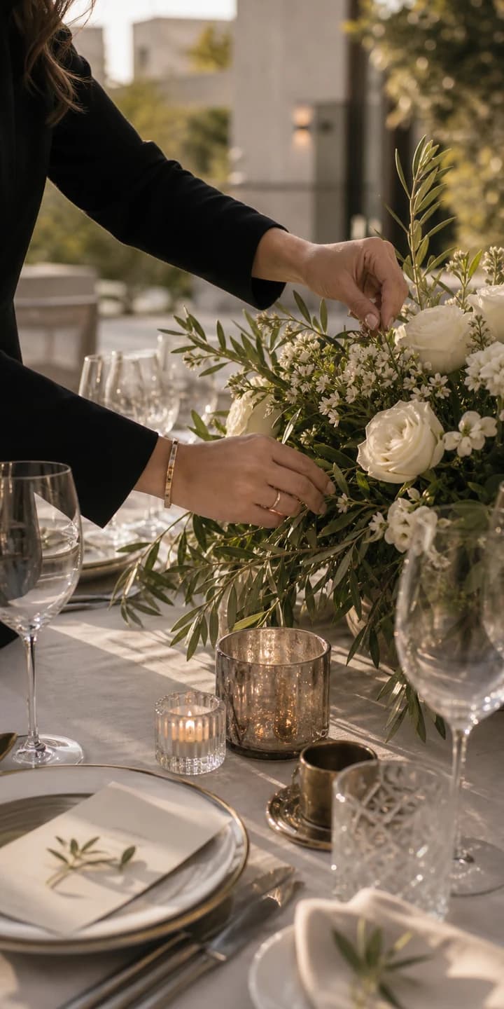 Diseñadora ajustando flores blancas sobre una mesa de celebración