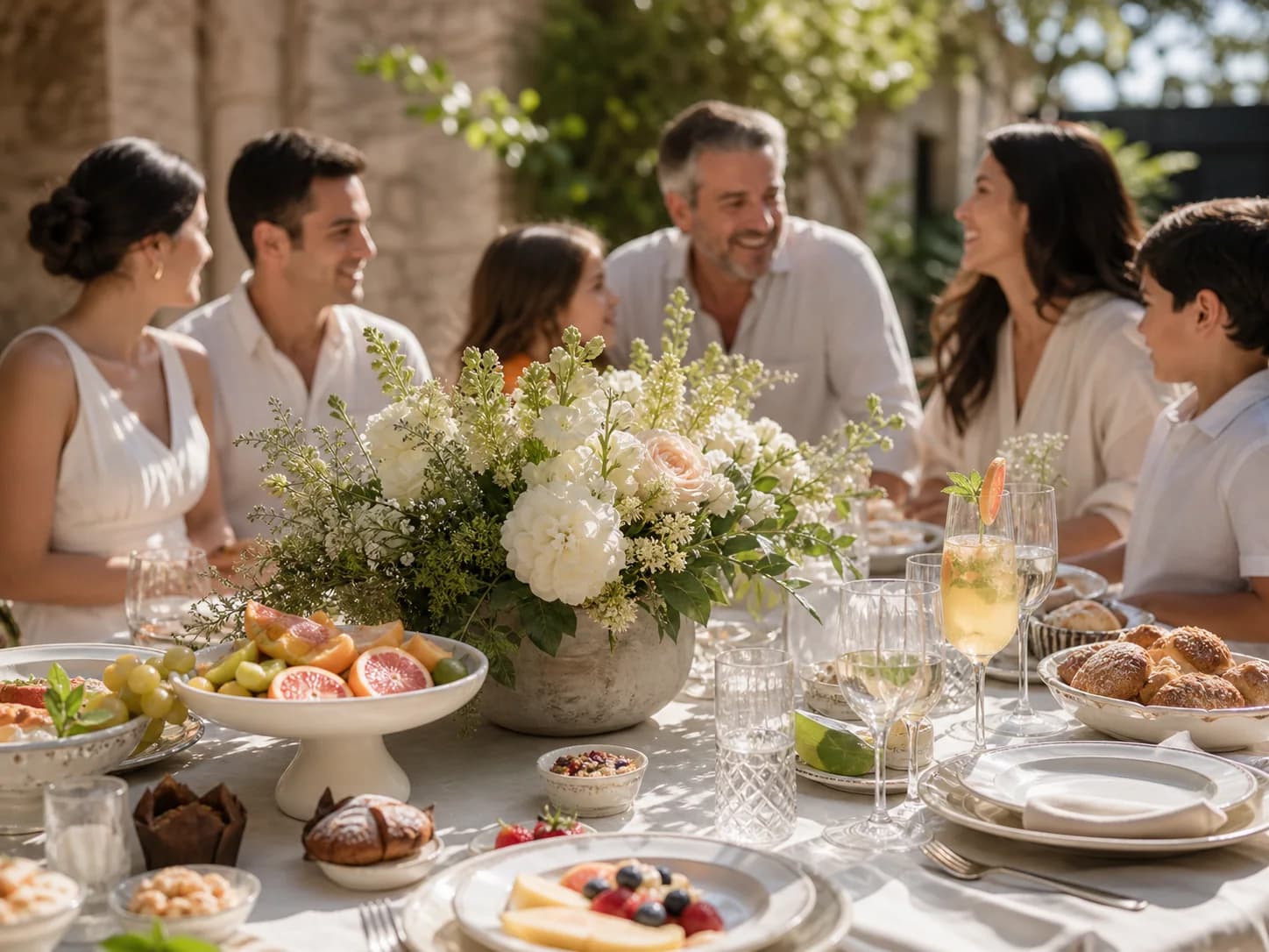 Brunch familiar en jardín con mesa y bebidas frescas
